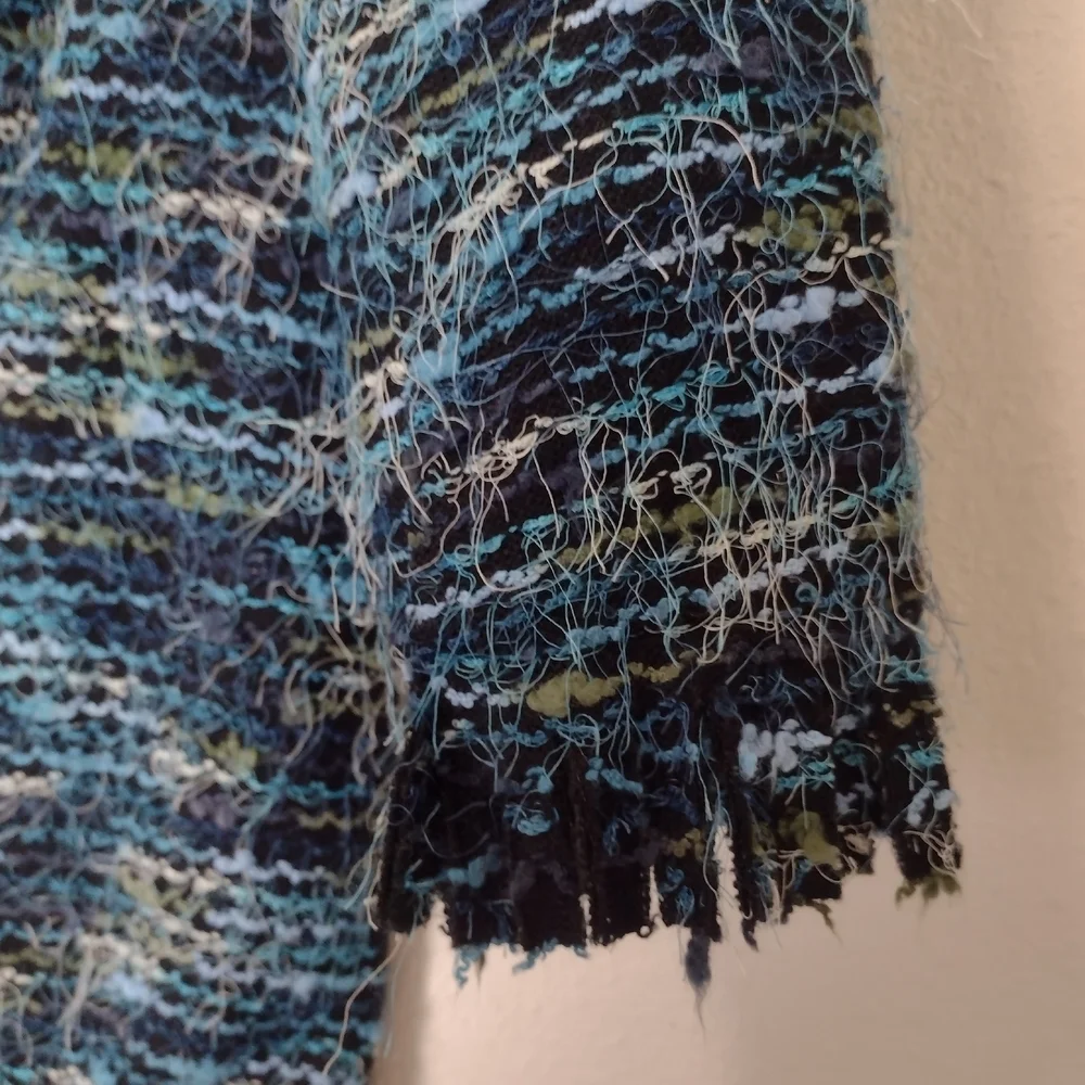 Laura Ashley Y2K Boucle Eyelash Fringe Coat Blue Green Black Stripe Size M